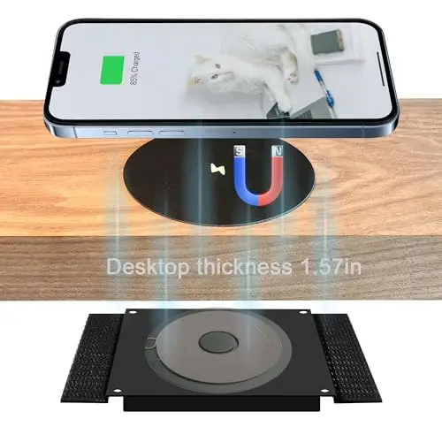 UUMAO 40MM Magnetic Invisible Wireless Charger, Under Desk 15W Furniture Wireless Charging Pad for Magsafe iPhone 15/14 (with PD Adapter) (Magsafe Desk Sticker Coil Included)