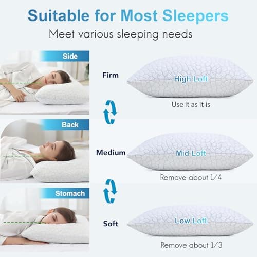 QUTOOL Cooling Pillow for Sleeping, CertiPUR-US Shredded Memory Foam Queen Pillows Set of 2, Cool Pillow for Hot Sleepers Adjustable Firm Pillow for Side, Back, Stomach Sleepers Soft Yet Support,White 5