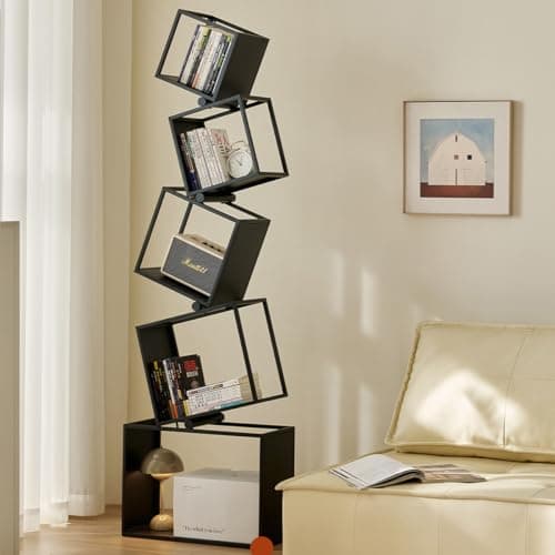 BUZUEY Geometric Bookshelf,5-Tier Unique Bookcase,72.8" Tall Black Modern Book Shelf,Corner Storage Shelves for CDs/Books/Home Decor,Vertical Bookshelf Book Tower for Living Room, Bedroom