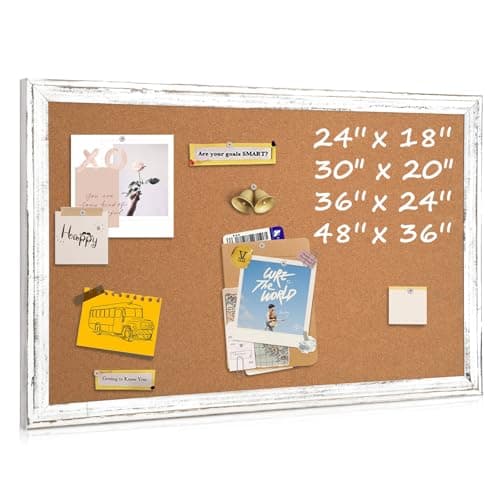 QUEENLINK Cork Board Bulletin Board, 36" x 24" Corkboard for Wall, Rustic White Wooden Frame, Hanging Pin Board for Home & Office Decor, 10 Push Pins