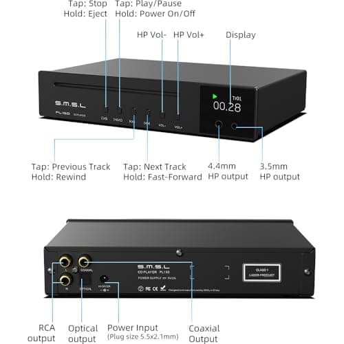 SMSL PL150 CD Player High Power CS43198 D/A chip, Standard/MQA-CD/HDCD CDs, with RCA/3.5mm & 4.4mm Headphone/Optical/Coaxial Output, for Vehicle/Laptop/TV/PC, CD Player Amp with Remote Control(Silver) 6