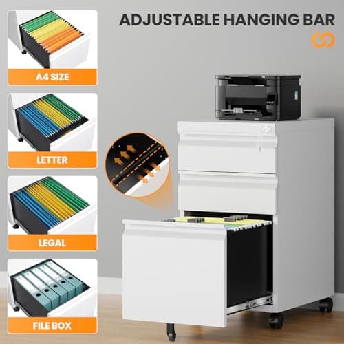 AFAIF 3 Drawer Mobile File Cabinet with Lock, Rolling File Cabinets for Home Office, Under Desk Small File Caninet on wheels, Metal Vertical White Filing Cabnet for Legal/Letter/A4 - Assembly Required 5