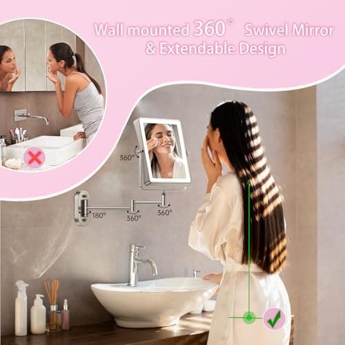 FASCINATE Rechargeable Wall Mounted Makeup Mirror, 8.7" Double Sided Touch Switch 1X 10X Rectangle Magnifying Mirror Wall Mounted, 3 Color Setting, Extended Arm 360° Swivel Foldable Nickel 5