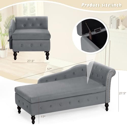 ACMEASE Upholstered Chaise Lounge with Right Armrest & Lumbar Pillow,Button Tufted Lounge Sofa with Storage,Lounge Chair Indoor,Modern Velvet Lounge Chair for Bedroom, Living Room and Office,Grey 6