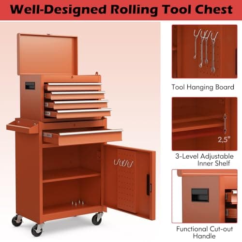Goplus Tool Chest, 5 Drawers Rolling Tool Cabinet with Detachable Top Toolbox, Universal Lockable Wheels, Lock Bar, Protective Liner & Tool Rack, Metal Tool Storage Cart, Tool Box for Garage Workshop 6