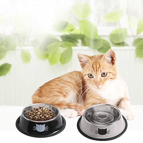 Cat Bowls for Food and Water,2PCS Rapsrk Non-Slip Stainless Steel Small Food Bowls 8 Oz Pet Bowl with Removable Rubber Base Dog Bowl,Stackable Cat Puppy Dishes Bowls with Cute Cats Painted 7
