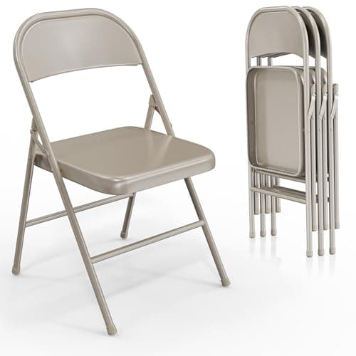 VINGLI Folding Chairs All Steel Metal Frame, Capacity 350 lbs, Durable Portable and Versatile for Indoor Outdoor Use, Khaki, Set of 4