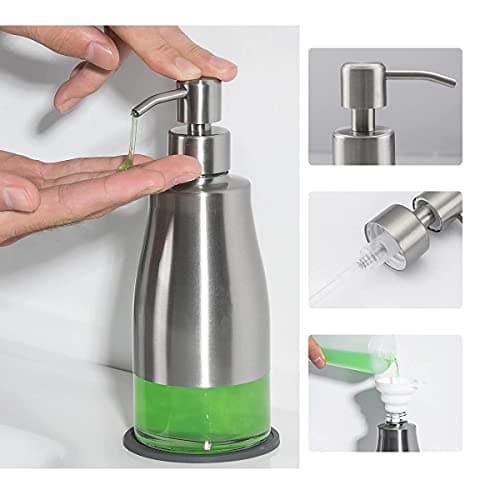 Gaussra Soap Dispenser with Coaster and Stickers, Brushed Nickel Stainless Steel Case Glass Liner Hand Pump Dispenser, Refillable Liquid Hand Soap Dispenser for Bathroom & Kitchen (11OZ / 320ML) 5