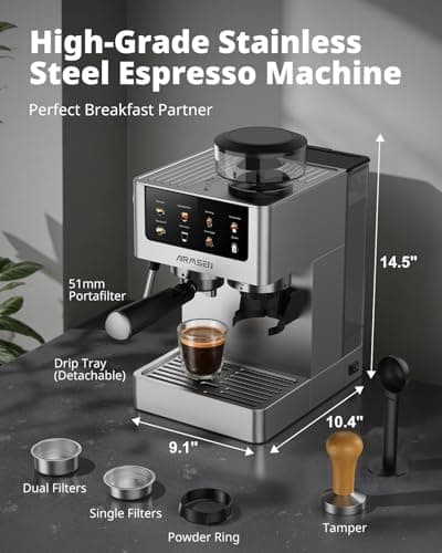 AIRMSEN Espresso Machines with Burr Grinder, 20 Bar, Milk Frother Steam Wand, Stainless Steel Coffee Maker for Home - Cappuccino Latte & ​​Cold Brew​​ Iced Coffee Maker & Americano 6