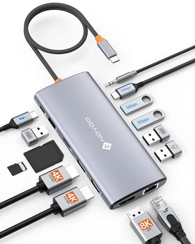NOVOO USB C Docking Station Dual Monitor for Laptop, 14 in 1 Hub Adapter Thunderbolt 3 to Dual 4K60 HDMI+8K30 DP USB C/A Data 100W PD RJ45 SD/TF Audio