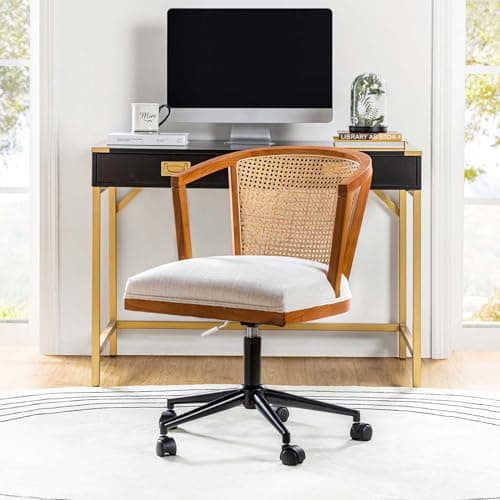 HULALA HOME Rattan Desk Chair, Upholstered Home Office Chair, Vintage Office Chair, Adjustable Swivel Rolling Height Task Chair for Living Room Bedroom Study Room (Walnut)