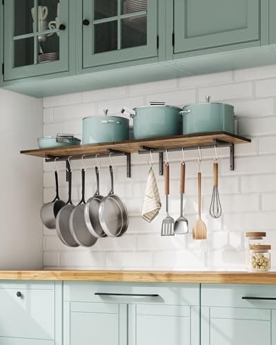 OROPY 2 Pack Wooden 23.6'' Pot Pan Hanging Rack Wall Mounted with 10 S Hooks, Set of 2 Large Pot Wall Holder Kitchen Shelves for Utensils, Cookware 6