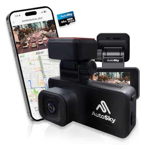4K Dash Cam Car Camera - Dashboard Camera with Built-in WiFi and GPS - 64GB Memory Card Included - App to Share and Edit DashCam Recordings - AutoSky WiFi Dash Cam Front