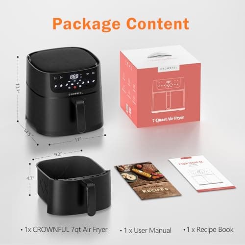 CROWNFUL 7 Quart Air Fryer, Oilless Electric Cooker with 8 Cooking Functions, LCD Digital Touch Screen with Precise Temperature Control, Shake Reminder Function, 1500W, UL Listed-Black 8
