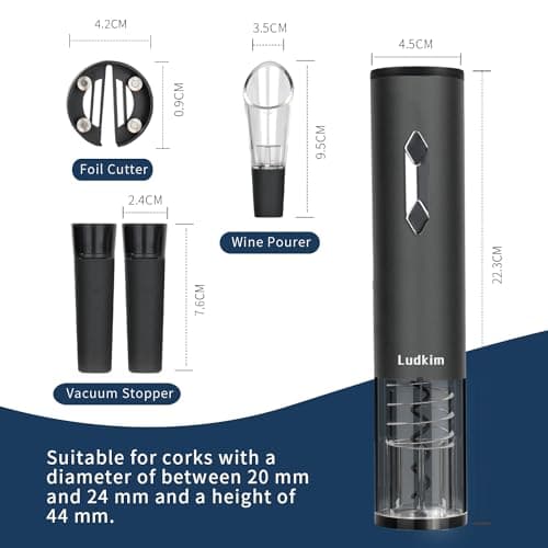 5-in-1 Electric Wine Opener Set with Foil Cutter, Automatic Batter Powered Corkscrew Kit Includes Wine Aerator Pourer & 2 Vacuum Stoppers, Foil Cutter, Ultimate Cordless Wine Bottle Opener Gift Set 6
