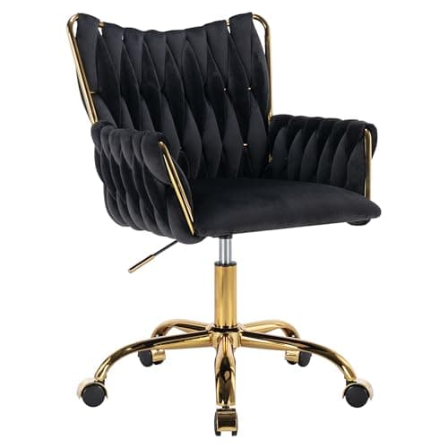 Westice Velvet Desk Chair, Home Office Gold Comfy Chair with Hand Woven High Back, Height Adjustable Swivel Chair with Comfy Upholster for Makeup Vanity Living Room Bedroom, Black