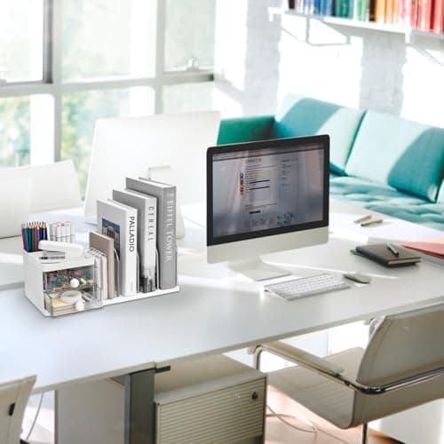 QIYVLOS Desk Organizer with File Holder, Multi-Functional Pencil Pen Holder with 2 Drawers, Desk Organizers and Storage with 9 Compartments, Desktop Organizer for Office Home Art Supplies (White) 6