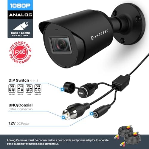 Amcrest Full HD 1080P Bullet Outdoor Security Camera (Quadbrid 4-in1 HD-CVI/TVI/AHD/Analog), 2-Megapixel, 98ft Night Vision, Metal Housing, 3.6mm Lens 90° Viewing Angle, Black (AMC1080BC36-B) 2