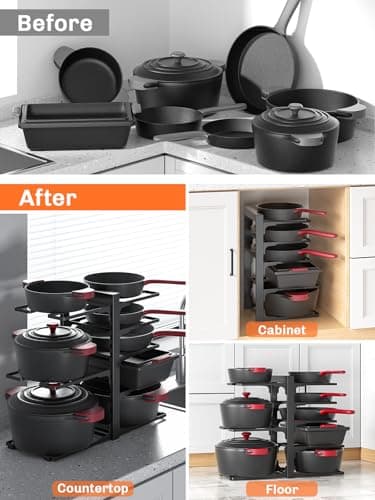 MUDEELA 8-Tier Pots and Pans Organizer under Cabinet, 15.83" Height Heavy Duty Pot Pan Organizer Kitchen Cabinet Organization and Storage, Adjustable Pot Rack for Frying Pan, Cast Iron Skillet, Black 7