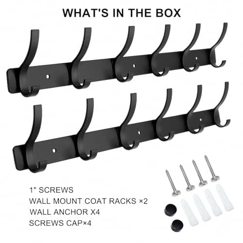 ZGELIN Coat Rack Wall Mounted,6 Coat Hooks for Hanging Coats,Metal Double Hook Rack Hook Rail,Coat Rack with Hooks,Wall Mount Coat Hanger for Hat Towel Purse Robes (2 Pack Black, 6 Hooks) 7