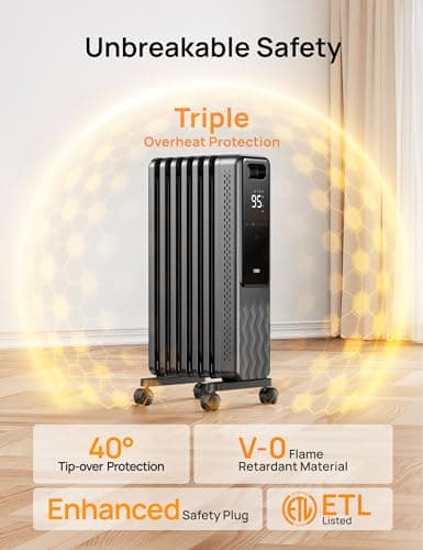 DREO Oil Filled Radiator, Electric Radiant Heaters for indoor use Large Room with Remote Control, Child Lock, 4 Modes, Overheat & Tip-Over Protection, 24h Timer, Digital Thermostat, Quiet, 1500W 5