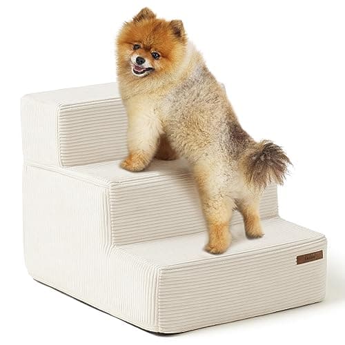 Lesure Dog Stairs for Small Dogs and Cats Foldable Pet Steps for High Beds and Couch with CertiPUR-US Certified Foam and Non-Slip Bottom, Beige, 3 Steps