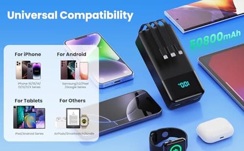 Portable Charger 50800mAh Power Bank with 3 Built in Cables,25W PD QC4.0 Fast Charging USB C Battery Pack,6 Outputs 2 Inputs Travel Essentials Portable Phone Charger for iPhone 17/16/15,Google,Android 8
