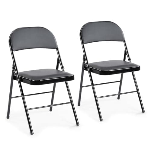 DUMOS 2 Pack Leather Padded Folding Chair, Indoor Outdoor Portable Stackable Commercial Seat with Steel Frame, Capacity for Home, Office, Party, Comfy, Black
