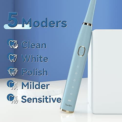 7AM2M Sonic Electric Toothbrush for Adults and Kids- High Power Rechargeable Toothbrushes with 8 Brush Heads,5 Adjustable Modes, Built-in 2-Minute Smart Timer,4 Hours Fast Charge for 30Days (Blue) 7