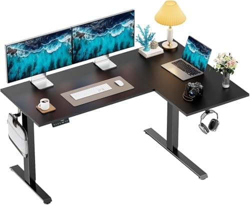 HUANUO L-Shaped Standing Desk, 63 x 40 inch Dual Motor Corner Standing Desk, Electric Height Adjustable Computer Desk with Cable Tray & 3 Preset Heights, Raising Desk for Home Office, Black, HNESD109