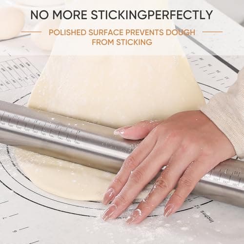 Stainless Steel Rolling Pin with Adjustable Thickness Rings - 4 Interchangeable Sizing Bands for Dumplings/Pasta/Cookies - Nonstick Kitchen Baking Tool 5
