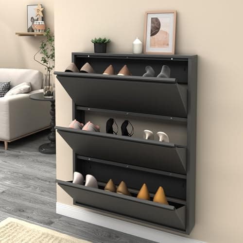 LUCYPAL Slim Shoe Cabinet,Metal Shoe Storage Cabinet for Entryway with 3 Flip Drawers,Narrow Wall Shoe Cabinet for Entryway,Hallway,Living Room,Black,Require Assembly