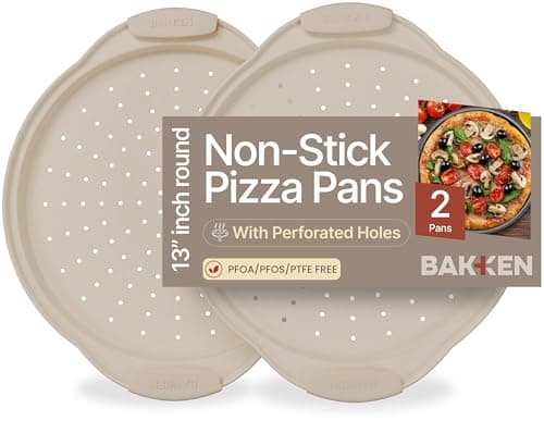 Bakken Pizza Baking Pan - Round Perforated Carbon Steel Pan with Non-Stick Marble Coating, Oversized Silicone Handle, Dishwasher Safe, High-Temperature Resistant, Durable & Easy Cleanup White, 2 Pack