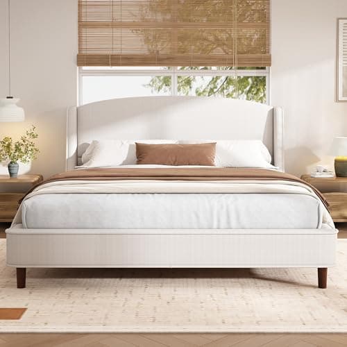 Christopher Knight Home Cordo King Size Bed Set, Upholstered Platform Bed with Wingback Headboard, Solid Wooden Slats Panel Support, No Box Spring Needed, Easy Assembly, 44.50" H Beige