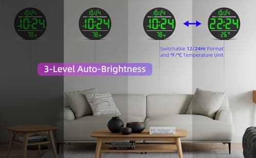 Digital Wall Clock with Large LED Display, Date, Temperature, Auto-Brightness | Small [PLUG-IN] Clock | Modern Electric Wall Clock for Bedroom, Classroom, Living Room, Home, Office, Farmhouse – Green 5
