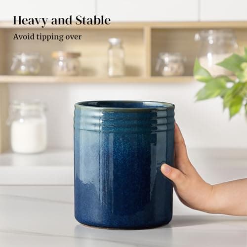 DOWAN 7.2" Kitchen Utensil Holder, Extra Large Farmhouse Utensil Holders for Countertop, Ceramic Utensil Crock, Anti Slip Cork Bottom 6