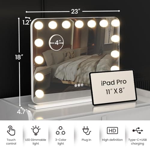 AJJSSA Vanity Mirror with Lights, 23"×18" Hollywood Vanity Mirror with Lights 15 Dimmable LED Bulbs, 3 Color Modes, 10X Magnification, USB Charging Port, Tabletop or Wall-Mounted (White, 23 * 18) 7