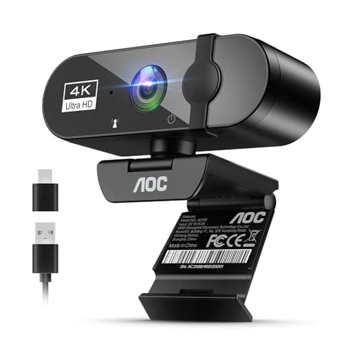 AOC 4k Webcam for PC with Microphone, Computer Camera with Noise Cancellation, Privacy Cover, 99° FOV, Plug & Play USB Webcam for Streaming, Conferencing, Zoom, Skype, Facetime, Laptop, PC, Skype