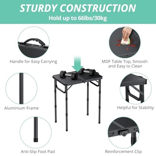 VINTEAM Camping Folding Table with Adjustable Height, Lightweight Portable Outdoor Picnic Table, BBQ Grill Side Table, Durable Aluminum Frame, MDF Desktop for Camping, Fishing, RV, Beach (Black) 6