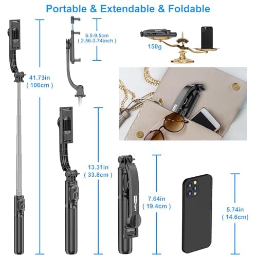 SelfieShow Selfie Stick, Extendable Selfie Stick Tripod with Wireless Remote and Tripod Stand, Portable, Lightweight, Compatible with iPhone 15 14 13 12 Pro Xs Max X 8Plus, Samsung Smartphone and More 7