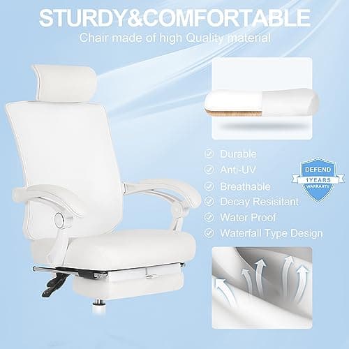 Misolant Ergonomic Office Chair with Footrest, Ergonomic Desk Chair with Adjustable 2D Lumbar Support, High Back Computer Chair with Adjustable Headrest, White Comfortable Leather Office Chairs 6