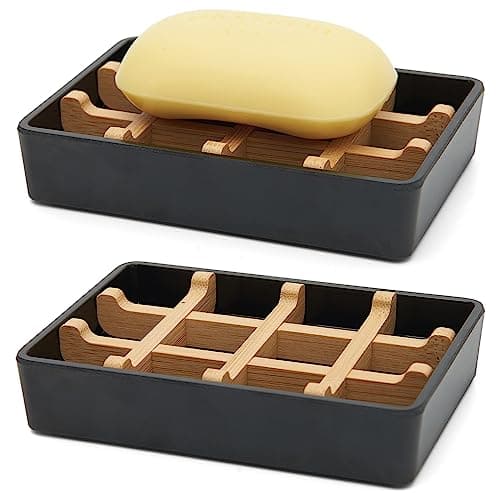 Bamboo Soap Dishes for Shower with Drainage Wooden Soap Bar Holder for Bathroom Soap Tray Easy to Clean, Durable and with Non-Slip Pads(Single Black Square)