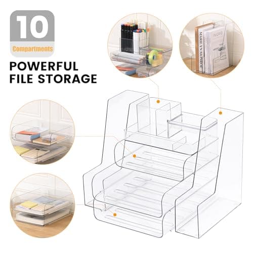 CiWiVOKi Desk Organizer with 2 Vertical File Holder, 4 Tier Stackable Paper Letter Tray File Organizer with 5-Compartments Pen Holder, Clear Desktop Organizer Office Organization and Storage 5