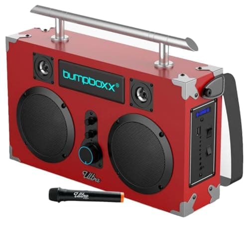 Bumpboxx Bluetooth Boombox Ultra Plus | Retro Boombox with Bluetooth Speaker | Includes Rechargeable Lithium Battery, Carrying Strap & Mic | Easy to Carry | Red