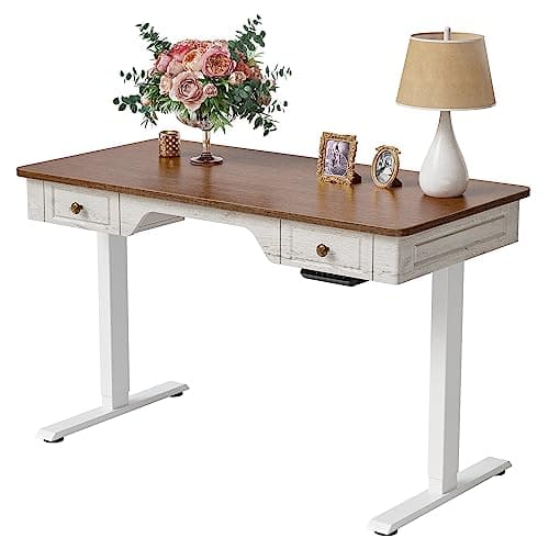 FEZIBO Whole Piece Farmhouse Style Standing Adjustable Desk with 2 Drawers, 48 x 24 Inches Sit Stand Electric Home Office Desk, Sandalwood Washed White (2 Packages)