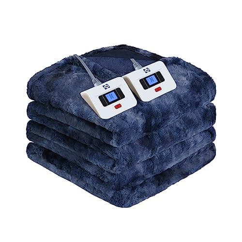 Sealy Electric Heated Blanket Queen Size, Faux Fur & Flannel Fast Heating Blanket with 10 Heat Setting & 1-12 Hour Auto Shut Off, Machine Washable, Navy Blue, 84 x 90 Inch