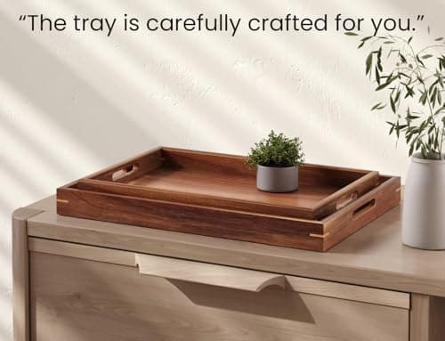 Fibogollo Set of 2 Acacia Wood Serving Tray with Handles,Decorative Trays Platter,Breakfast Tray in Bed,Food Drinks Tray for Eating,Working,Storing(Brown) 5