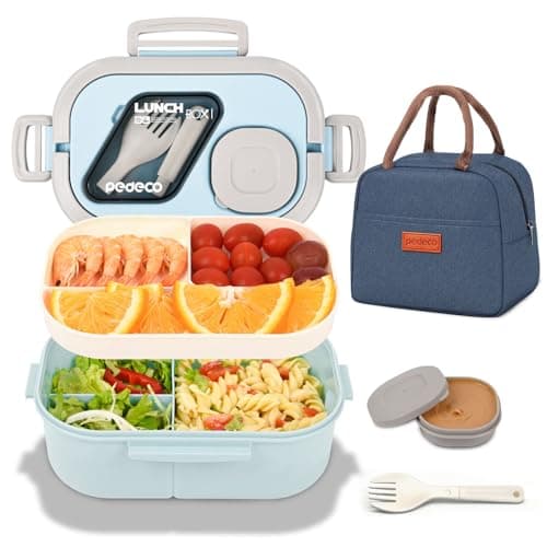 PEDECO Lunch Containers Bento Box Set for Adults & Kids with Insulated Bag, Leakproof 3-Compartment and 2-Tier Stackable Container with Portable Sauce Pod, Microwave/Dishwasher Safe, BPA-Free (Blue)