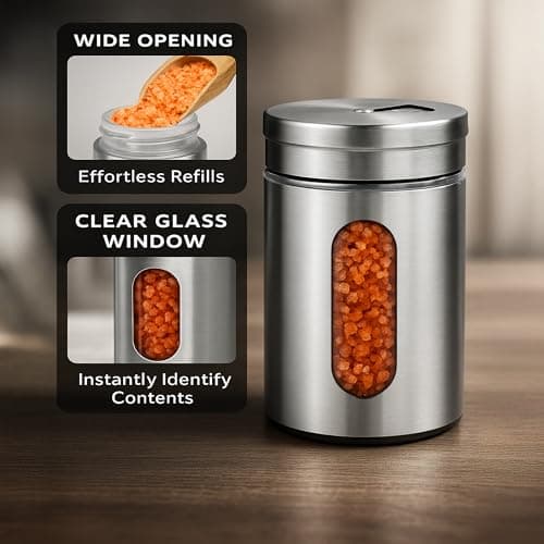 4-Piece Premium Stainless Steel Salt and Pepper Shakers Set – Adjustable Pour Holes Spice Dispenser for Salt, Sugar, Cinnamon, and Pepper – Stylish Kitchen Seasoning and Spice Shaker Set 5