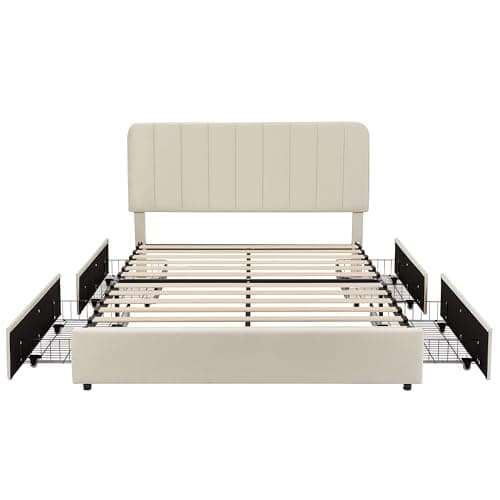 VECELO Full Size Upholstered Bed Frame with 4 Drawers and Adjustable Headboard, Velvet Platform Storage Bedframe Mattress Foundation, Wooden Slats Support, No Box Spring Needed, Beige 8